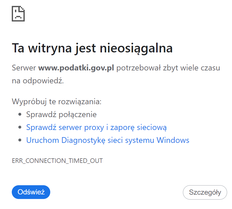 Ta witryna jest nieosiągalna. Serwer www.podatki.gov.pl potrzebował zbyt wiele czasu na odpowiedź.