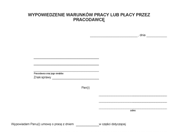 Wzór wypowiedzenia warunków pracy i płacy