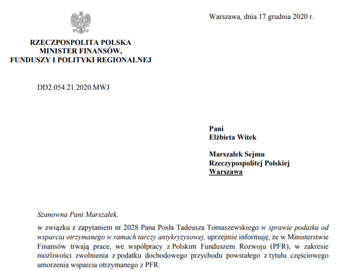 Subwencje PFR odpowiedź MF na pytanie z dnia 17 grudnia 2020 r.