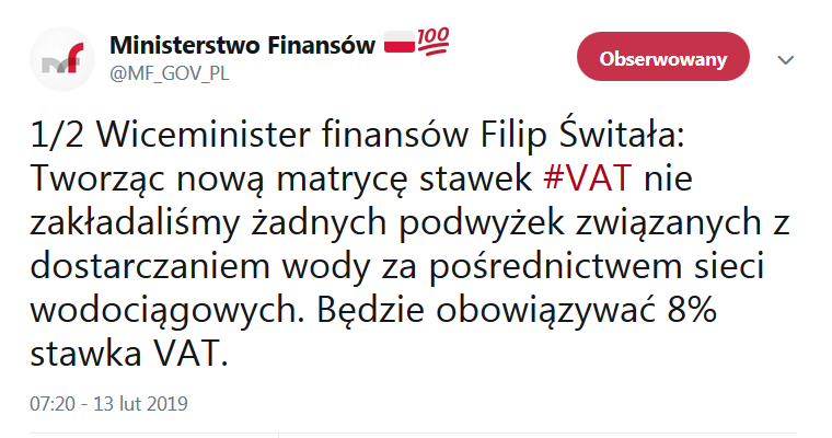 Tweet MF: Woda z kranu z 8 proc. stawką podatku VAT