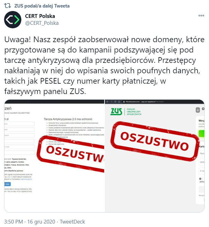 Fałszywa domena ZUS. Próba oszustwa