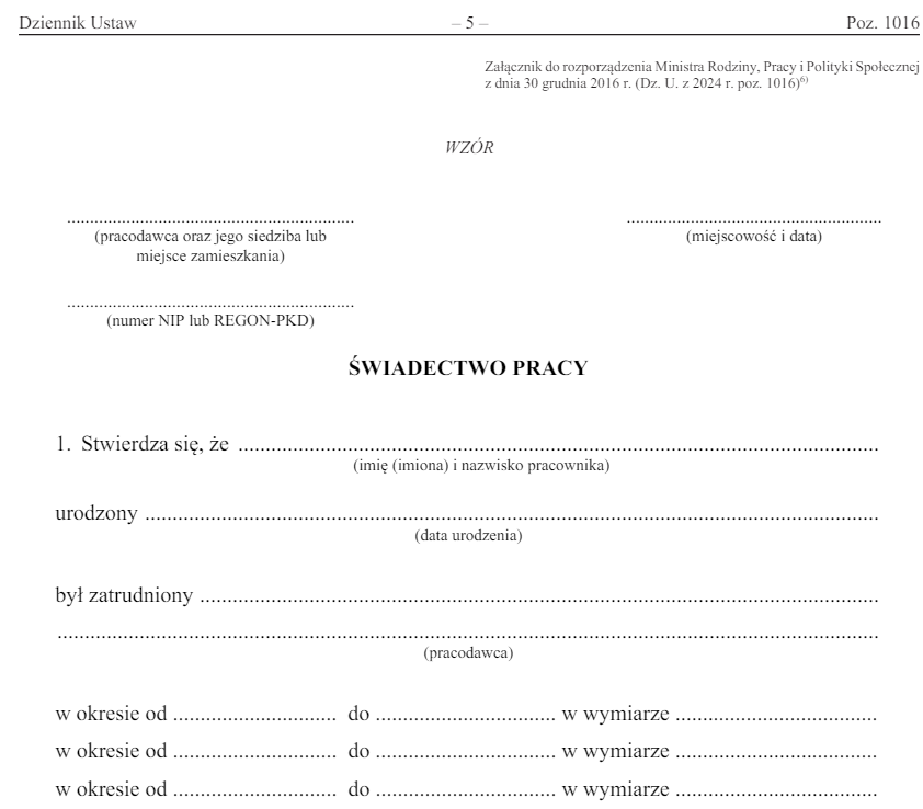 Wzór świadectwa pracy od 10 lipca 2024
