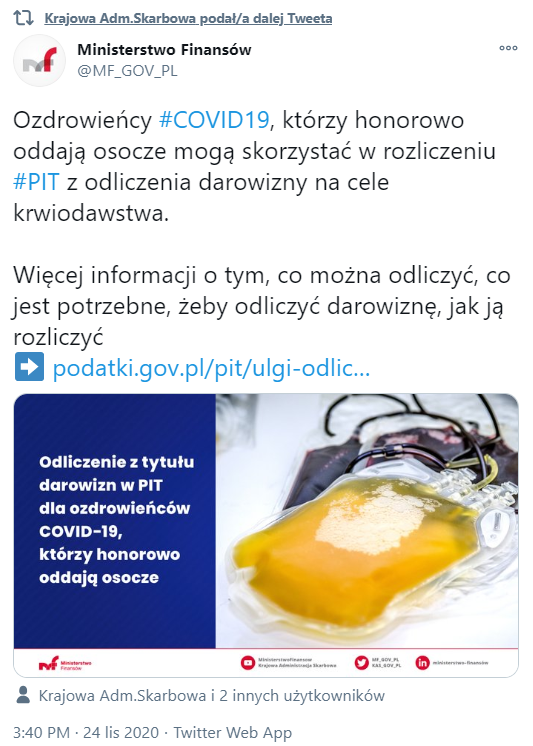 MF i KAS potwierdzają ulgę podatkową darowizna osocza przez ozdrowieńców Covid-19