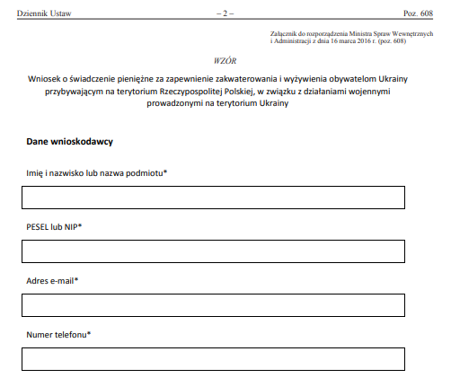 Wniosek PDF o świadczenie pieniężne za zakwaterowanie obywatela Ukrainy