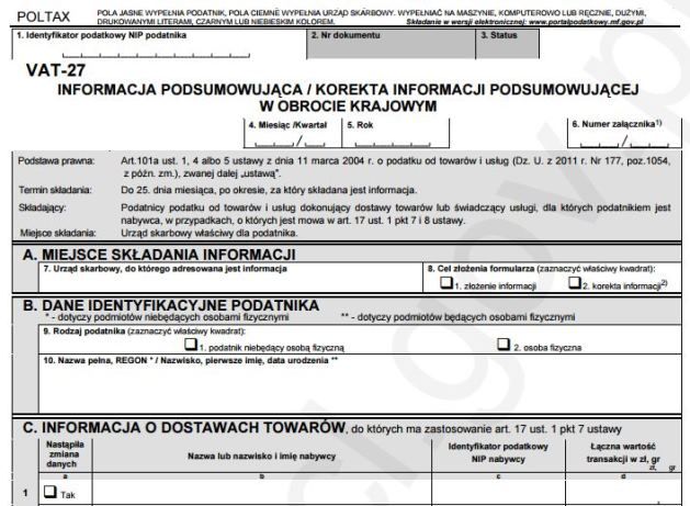 VAT-27 nowy wzór informacji podsumowującej w obrocie krajowym