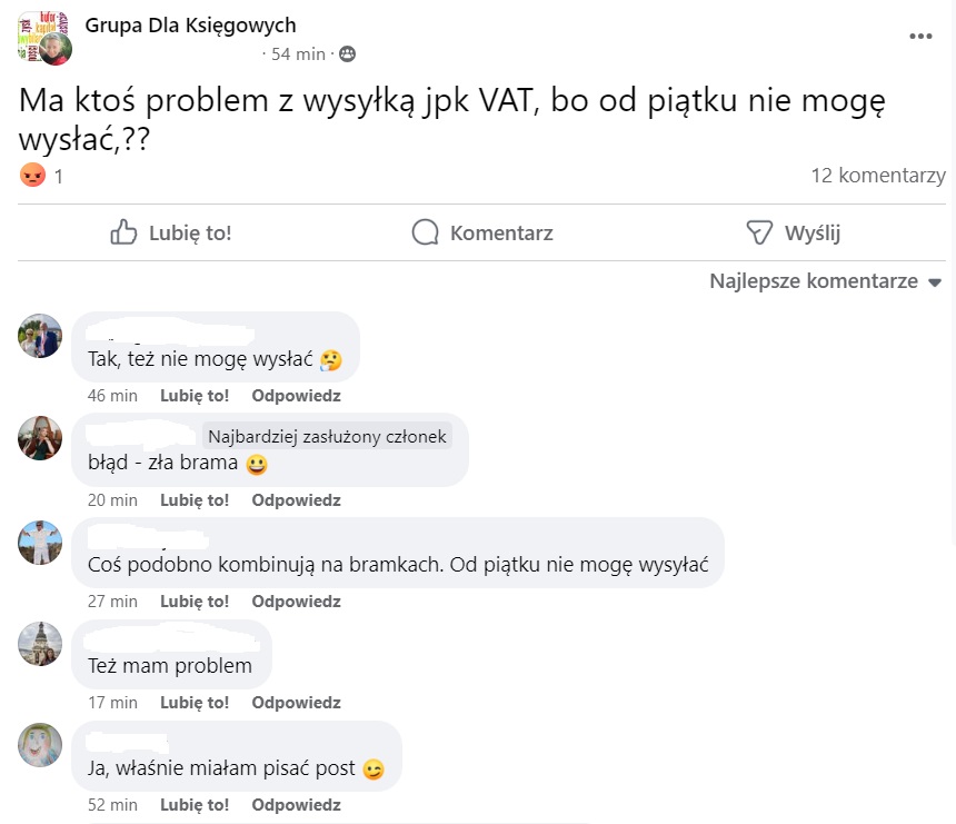 Grupa księgowa - problem z wysyłką JPK