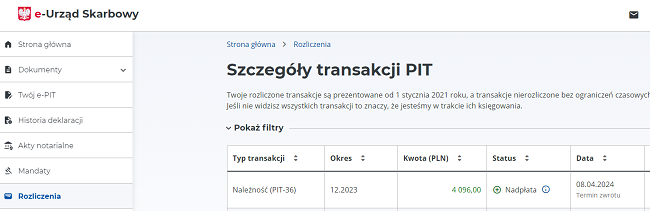 Status zwrotu podatku