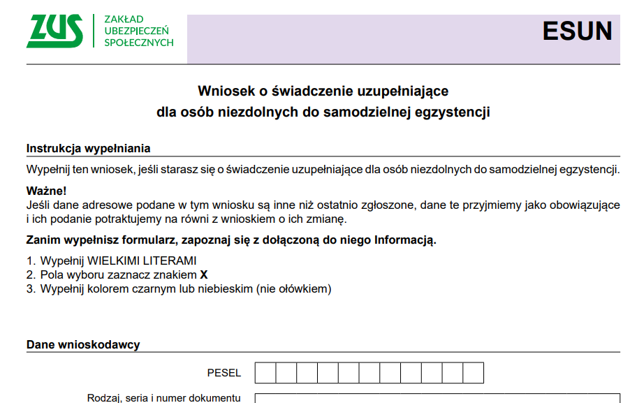 Wniosek ESUN do ZUS