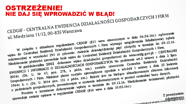 MF ostrzega: Uwaga na komercyjne wezwania do rejestrowania działalności gospodarczej