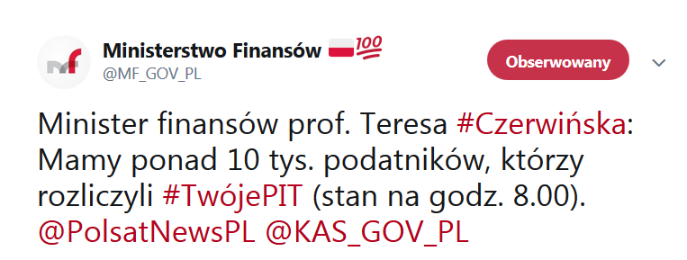 tweet MF 10 tys. podatników skorzystało z usługi Twój e-PIT i zdążyło rozliczyć/zaakceptować rozliczenie roczne przygotowane przez system KAS.