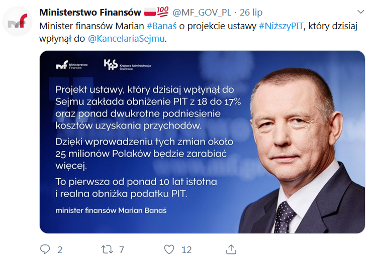 Marian Banaś minister finansów o obniżce stawki PIT z 18 do 17 proc.
