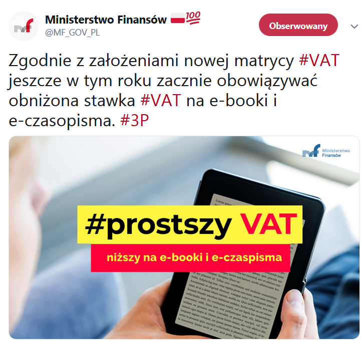 niższa stawka VAT na e-booki w 2019