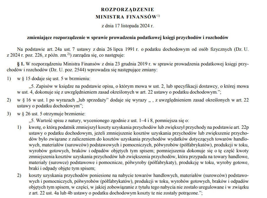Spis z natury - metoda kasowa PIT. Zmiany w Dz.U.